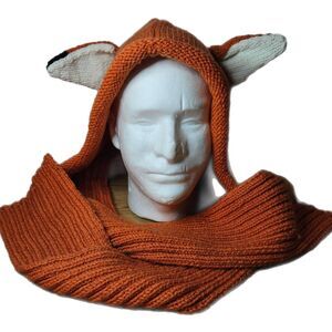 Kids Handmade Knitted Fox with Ears Hat With Built On Scarfs